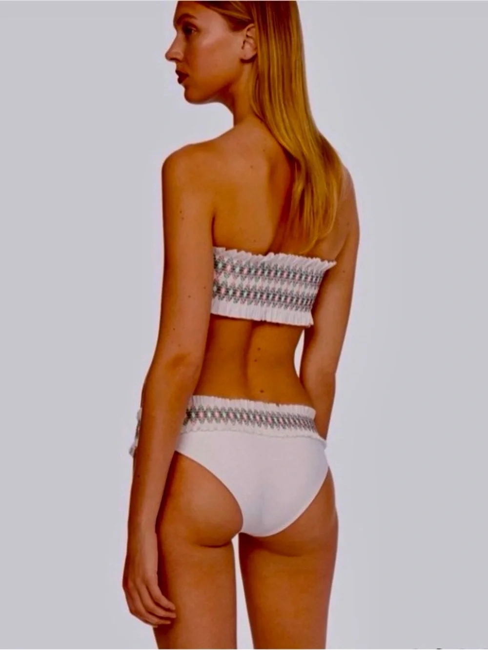 Tory Burch White Smocked Bandeau Bikini with Multicolor Stitching